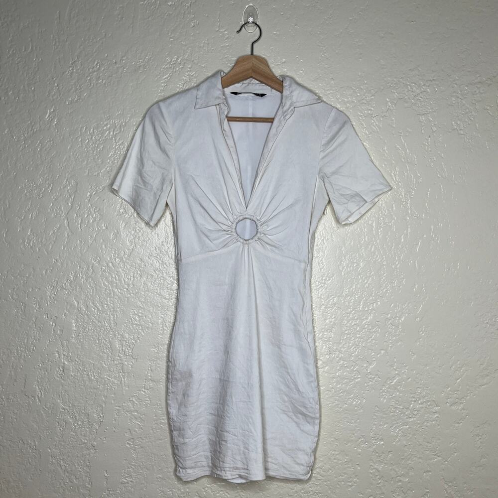 Zara Women's Linen Blend White Ring Cutout Collared Bodycon Mini Dress Sz Small‎